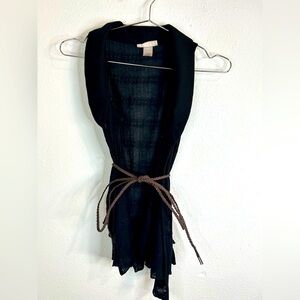 Belle du Jour Black Drape Vest Top S Boho Knit Sleeveless Open Belted Ruffle Hem